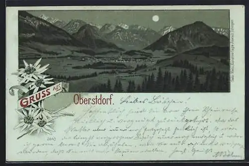 Mondschein-Lithographie Oberstdorf, Ortsansicht mit Bergen im Vollmondlicht