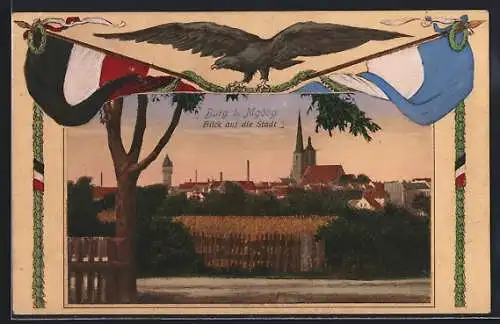 AK Burg b. Mgdbg., Blick auf die Stadt mit Fahnen