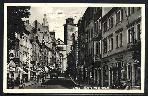 AK Zittau, Innere Weberstrasse mit Bäckerei und Drogerie Heinlein