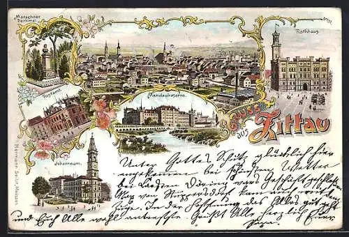 Lithographie Zittau, Mandaukaserne, Rathaus, Johanneum