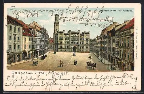 Lithographie Zittau, Marktplatz mit Rathaus