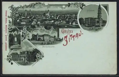 Mondschein-Lithographie Zittau, Mandaukaserne, Johanneum, Postamt