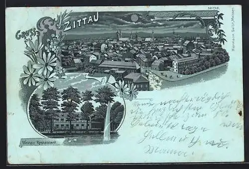 Mondschein-Lithographie Zittau, Weinau, Restaurant und Blick über den Ort