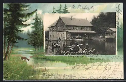 AK Neu-Jonsdorf, Gondelfahrt auf dem Wasser, Flusspartie mit Reh