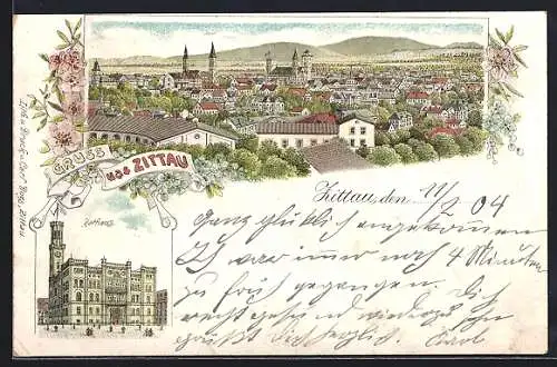 Lithographie Zittau, Rathaus, Blick über den Ort