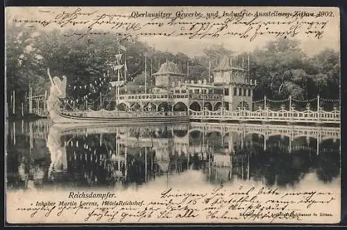 AK Zittau, Oberlausitzer Gewerbe-u. Industrie-Ausstellung 1902, Reichsdampfer mit Ausstellungsgebäude