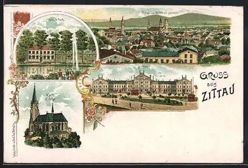Lithographie Zittau, Kath. Kirche, Bahnhof, Ortsansicht vom Bahnhof aus