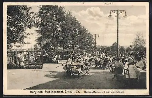 AK Zittau i. Sa., Garten-Restaurant Burgteich mit Gondelfahrt