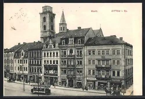 AK Zittau i. Sa., Strassenbahn am Markt mit Geschäften
