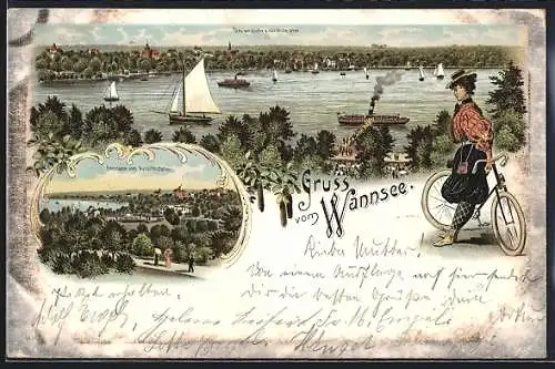 Lithographie Berlin-Wannsee, Blick auf das westliche und nördliche Ufer, panorama vom Aussichtsturm
