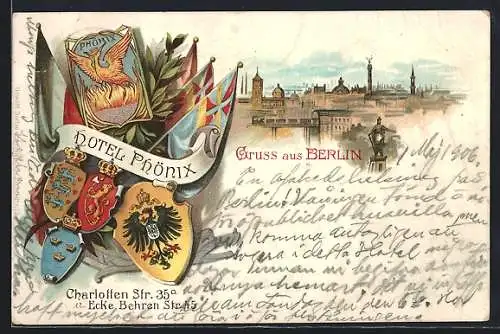 Lithographie Berlin-Tiergarten, Ortsansicht mit Siegessäule und Wappen, Logo Hotel Phönix