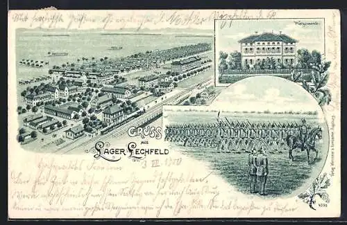 Lithographie Lager Lechfeld, Platzcomando, Truppenaufmarsch, Barrackenlager