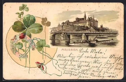 Lithographie Meissen, Flusspartie mit Dampfer, Hufeisen mit Klee und Marienchenkäfer