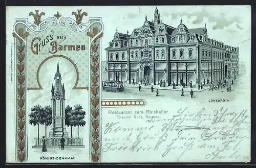 Lithographie Barmen, Königs-Denkmal, Concordia, Restaurant zum Ratskeller, Strassenbahn