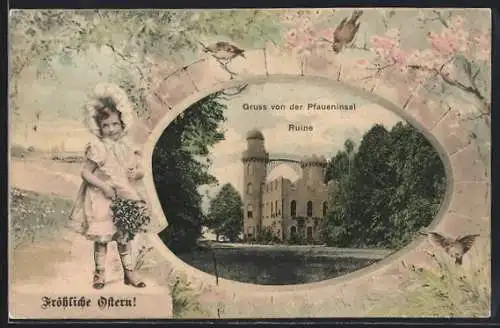 AK Zehlendorf, Blick auf die Pfaueninsel Ruine, Fröhliche Ostern