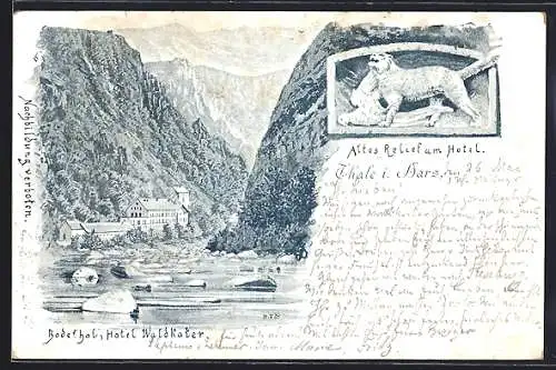 Lithographie Thale i. Harz, Hotel Waldkater im Bodethal, Altes Relief am Hotel