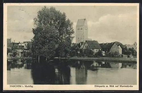 AK Parchim i. Mecklbg., Eldepartie m. Blick auf Marienkirche
