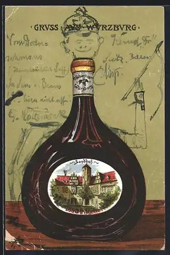 Passepartout-Lithographie Würzburg, Sandhof, Ansicht auf Weinflasche Bocksbeutel