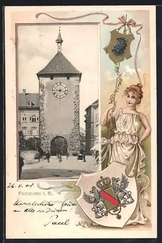 Passepartout-Lithographie Freiburg i. B., Blick auf das Martinsthor, Wapen