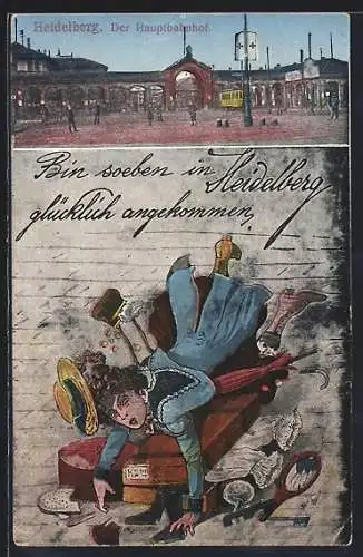 AK Heidelberg / Neckar, Hauptbahhof, Stürzende Passagierin