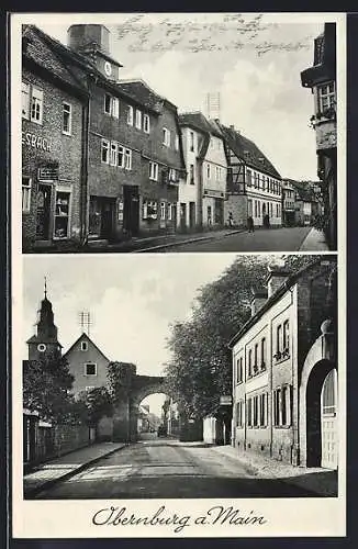 AK Obernburg a. Main, Strassenpartien mit Kirchturm