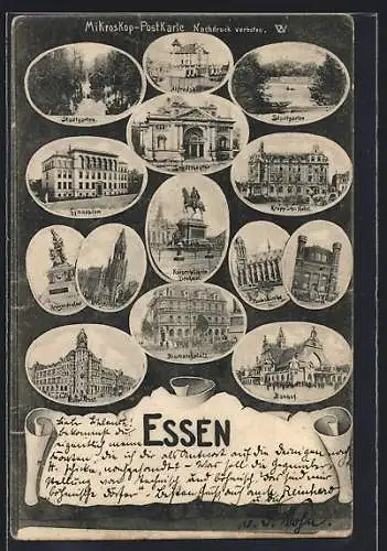 AK Essen, Bahnhof, Krupp`sches Hotel, Stadttheater, Kriegerdenkmal