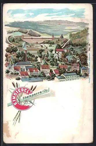 Lithographie Einsiedel / Zwickau, Blick auf die Thalsperre