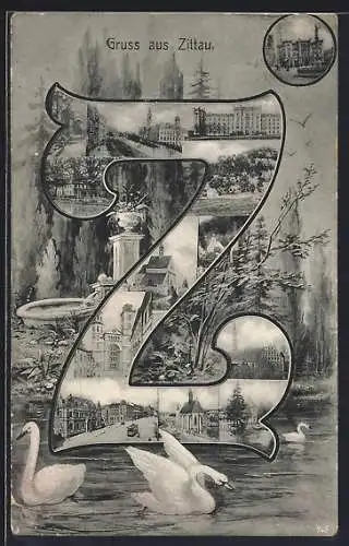 AK Zittau, Strassenpartie mit Strassenbahn, Kirche im Z-Passepartout