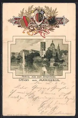 Passepartout-Lithographie Mannheim, Teichpartie im Stadtpark mit Wappen