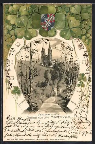 Passepartout-Lithographie Vierzehnheiligen / Maintal, Blick zur Basilika, Wappen