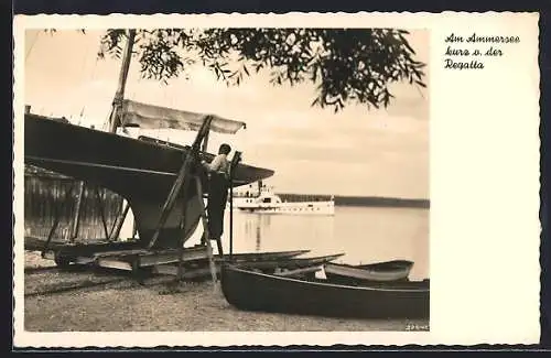 Foto-AK Herrsching, Segelboot-Vorbereitung am Ammersee kurz v. der Regatta