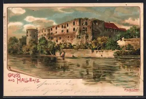 Künstler-Lithographie Erwin Spindler: Halle / Saale, Ruine Giebichenstein