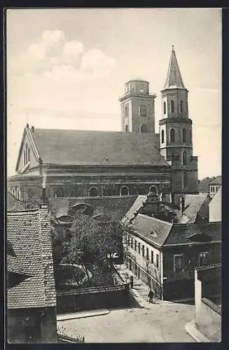 AK Zittau, Blick über das alte Gymnasium zur Johanniskirche