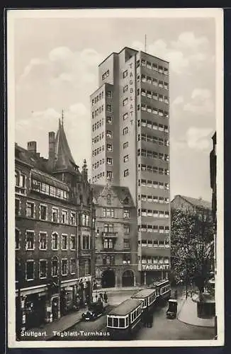 AK Stuttgart, Tagblatt-Turmhaus mit Strassenbahn davor