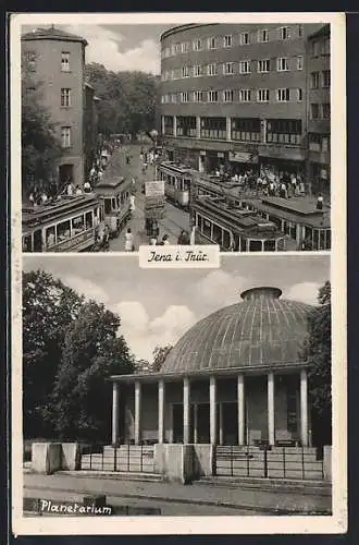 AK Jena i. Thür., Strassenpartie mit Geschäften und Strassenbahn, Planetarium