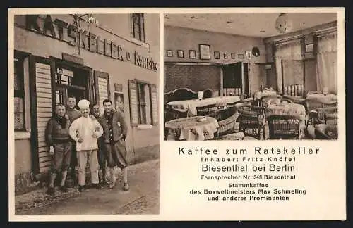 AK Biesenthal b. Berlin, Kaffee zum Ratskeller, Inh. Fritz Knöfel, Stammkaffee v. Max Schmeling