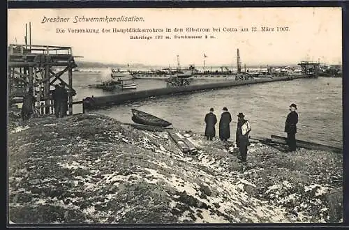 AK Dresden-Cotta, Schwemmkanalisation, Versenkung des Hauptdückerrohres 1907 durch die Elbe