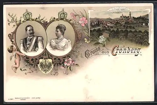 Lithographie Kronberg, Kaiser Wilhelm II. mit Gemahlin im Porträt, Ortsansicht