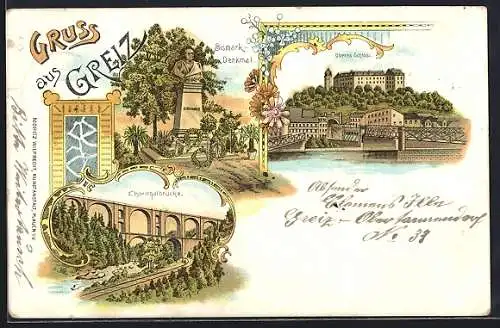 Lithographie Greiz, Teilansichten vom Ort, Bismarck-Denkmal und Elsterthalbrücke