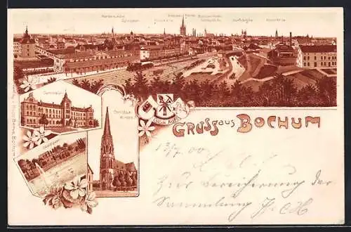Lithographie Bochum, Christuskirche, Gymnasium, Stadtpark, Totale