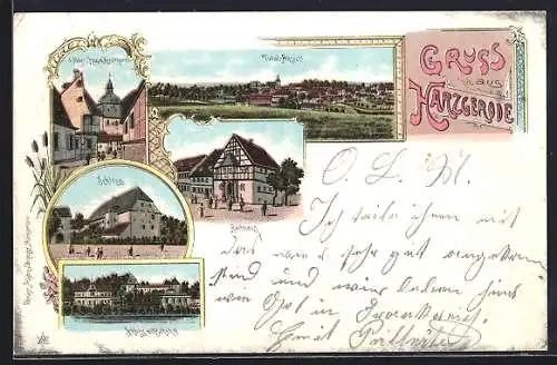 Lithographie Harzgerode, v. Röder`s Haus mit Kirchturm, Schloss, Rathaus