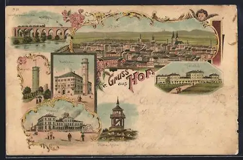 Lithographie Hof, Bahnhof, Rathaus, Postamt, Gesamtansicht