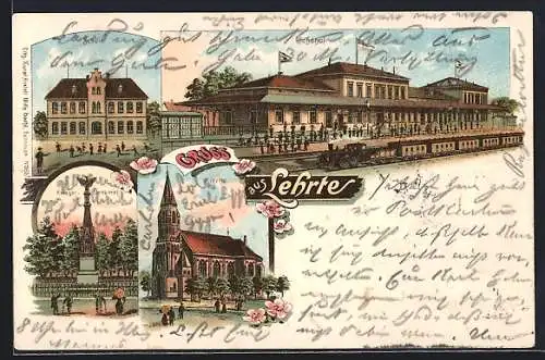 Lithographie Lehrte, Bahnhof, Krieger-Denkmal, Kirche