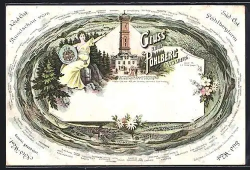 Lithographie Annaberg / Sa., Pöhlberg mit Aussichtsturm, Rundschaupanorama vom Pöhlberg aus, Frau mit Wappen in der Hand