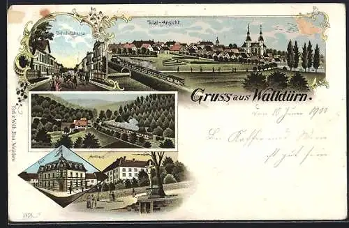 Lithographie Walldürn, Post, Bahnhofstrasse, Amthaus