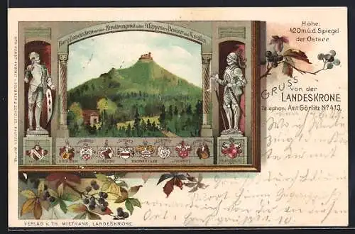 Lithographie Görlitz, Gasthaus Landeskrone, Burgansicht aus der Ferne