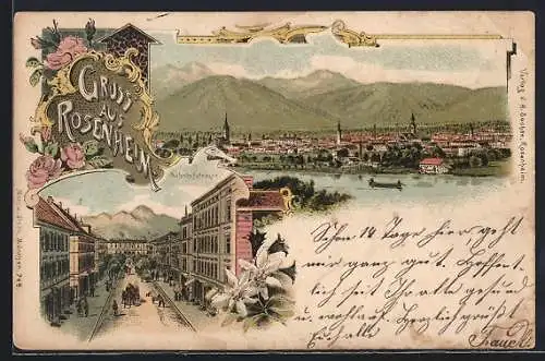 Lithographie Rosenheim / Bayern, Bahnhofstrasse, Totalansicht mit Bergpanorama