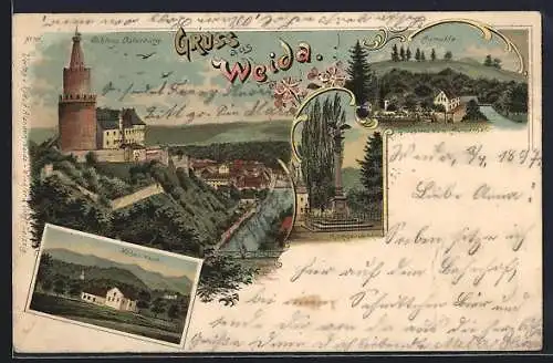 Lithographie Weida / Thür., Gasthof Aumühle, Hohes Haus, Schloss Osterburg