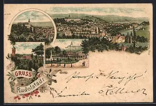 Lithographie Rudolstadt, Schloss, Anger, Marienthurm