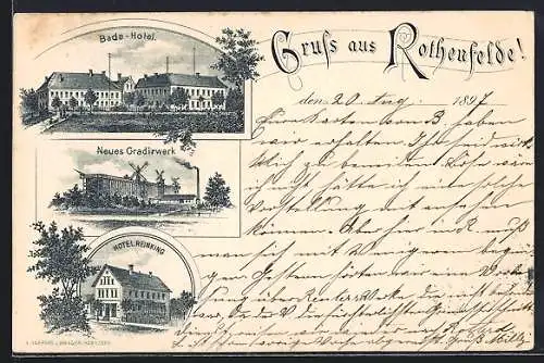 Lithographie Rothenfelde / Teutoburger Wald, Hotel Reinking, Bade-Hotel, Neues Gradierwerk
